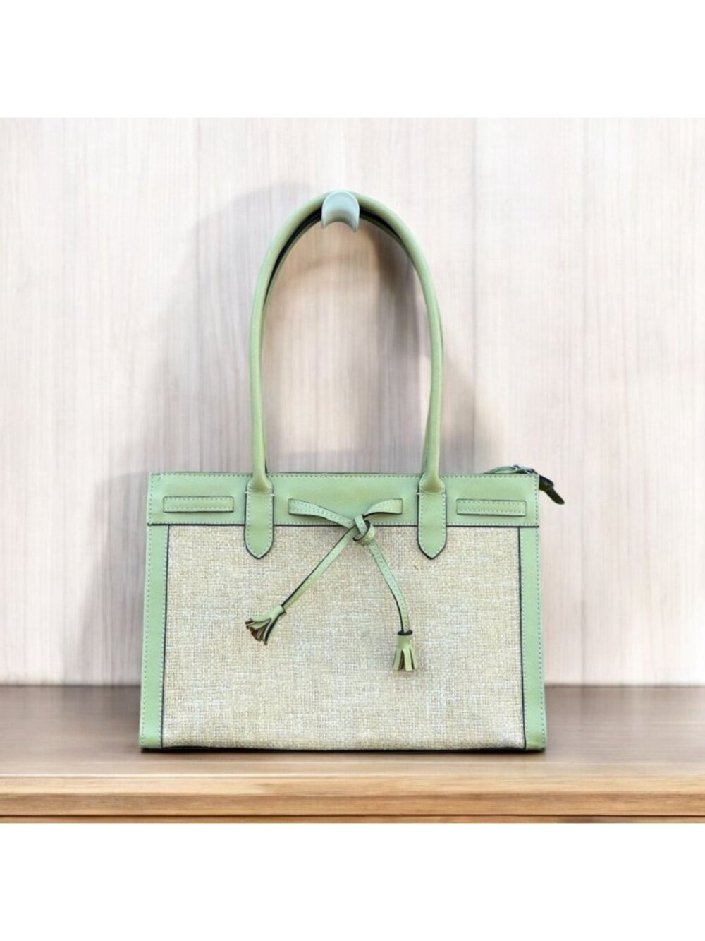 Green and Tan Leather and Wicker Shoulder Handbag